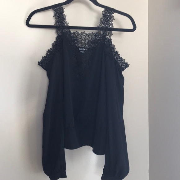 Sold Bebe black lace trim cold shoulder blouse - Picture 3 of 4